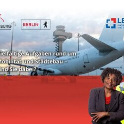 Im Vorgrund des Bildes ist ein Mann mit heller Hautfarbe und Dienstjacke zusehen, daneben steht eine Frau mit dunkler Hautfarbe bekleidet mit einer dunklen Jacke. Im Hintergrund ist ein Passagierflugzeug und ein Terminal auf einem Flugplatz mit einem bewölkten Himmel zu sehen.