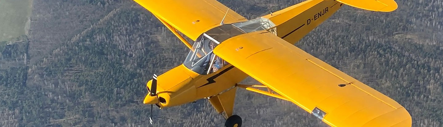 ein orangefarbendes fliegendes Flugzeug über einem Wald