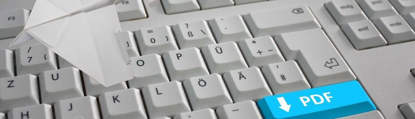 graue Tastatur mit blauer Taste mit weißen Farbe mit den Buchstaben PDF und einem nach unten zeigenden Pfeil